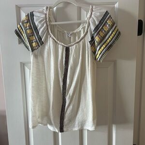 Lucky Brand White Blouse with Yellow Embroidery